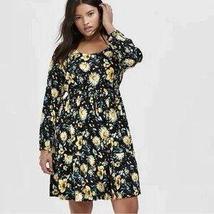 Torrid Black and Yellow Floral Long Sleeve Drawstring Mini Dress